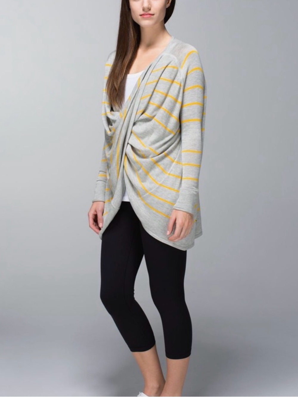 Lululemon Twist n Wrap Grey & Yellow Striped Draped Women's Sweater Cardigan